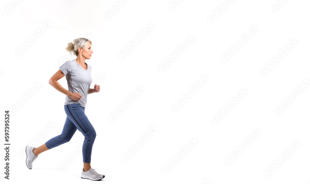 Woman running or jogging. Concept of exercise and health. Isolated on white background with copy space. Shallow field of view. Illustrative Generative AI. Not a real person. Woman running or jogging. Concept of exercise and health. Isolated on white background with copy space. Shallow field of view. Illustrative Generative AI. Not a real person.