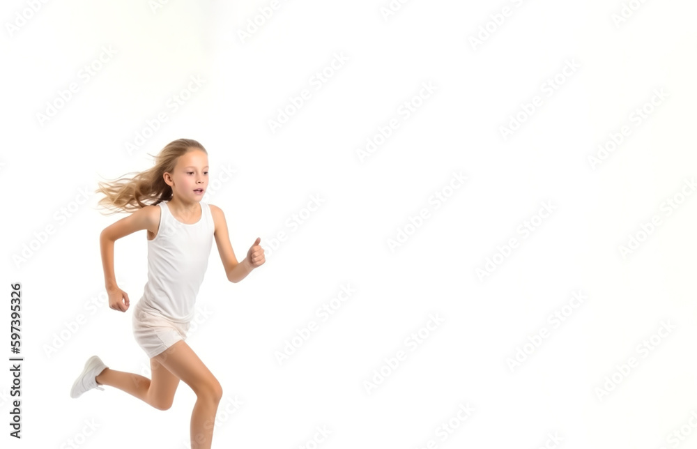 Girl running or jogging. Concept of exercise and health. Isolated on white background with copy space. Shallow field of view. Illustrative Generative AI. Not a real person. Girl running or jogging. Concept of exercise and health. Isolated on white background with copy space. Shallow field of view. Illustrative Generative AI. Not a real person.