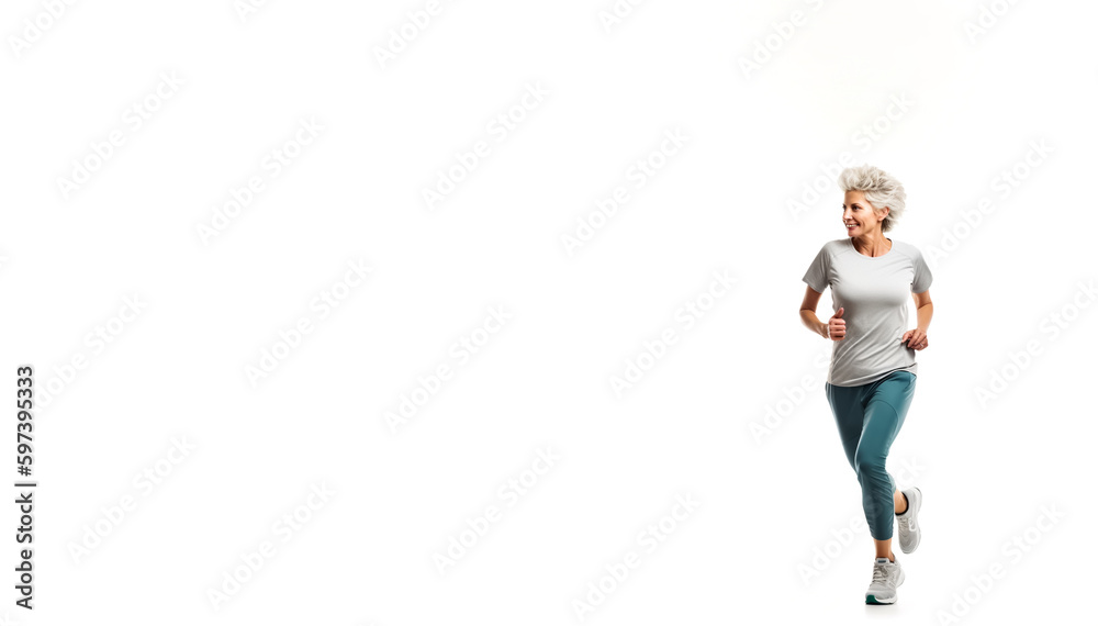 Aged woman running or jogging. Concept of exercise and health. Isolated on white background with copy space. Shallow field of view. Illustrative Generative AI. Not a real person.