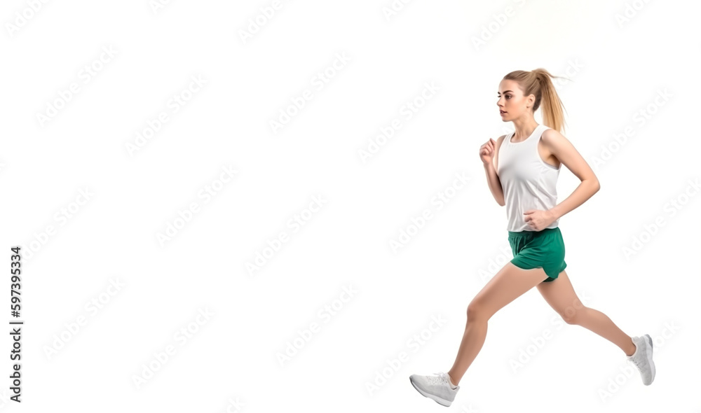 Young woman running or jogging. Concept of exercise and health. Isolated on white background with copy space. Shallow field of view. Illustrative Generative AI. Not a real person.