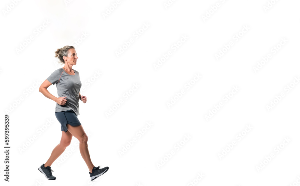 Woman running or jogging. Concept of exercise and health. Isolated on white background with copy space. Shallow field of view. Illustrative Generative AI. Not a real person. Woman running or jogging. Concept of exercise and health. Isolated on white background with copy space. Shallow field of view. Illustrative Generative AI. Not a real person.