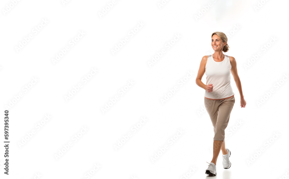 Woman walking or jogging. Concept of exercise and health. Isolated on white background with copy space. Shallow field of view. Illustrative Generative AI. Not a real person.