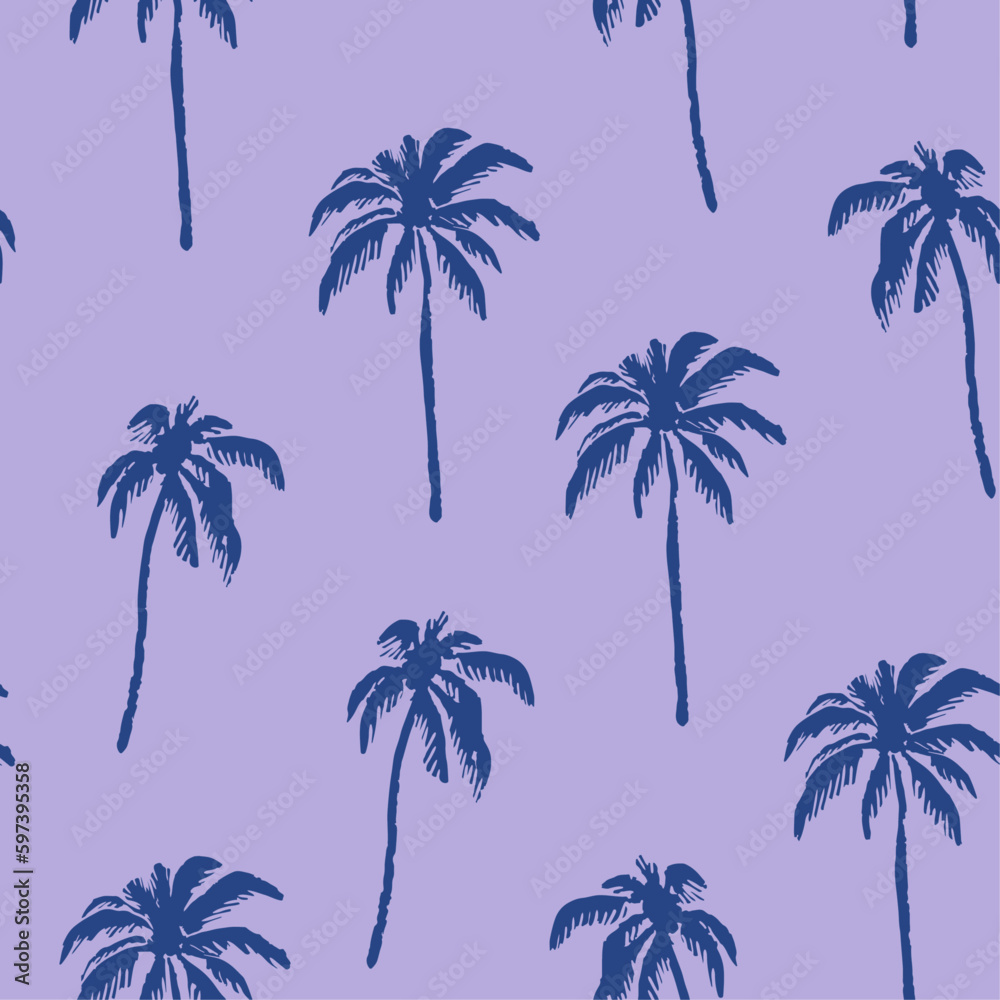 Palm trees monochrome  seamless pattern for fabric, beachwear, stationery, wallpaper, planner art or print material. Lavender haze and galactic cobalt colours.