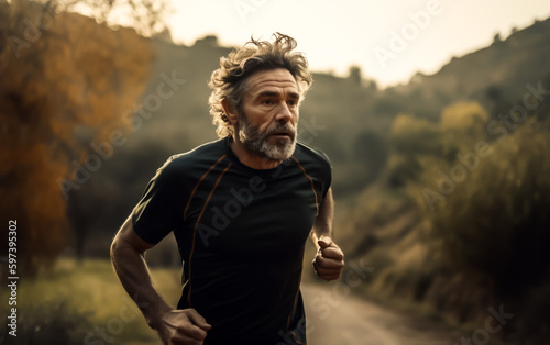 Fit adult man jogging or running in nature, maintaining fitness and a healthy lifestyle, shallow depth of field, Illustrative Generative AI. Not a real Person.