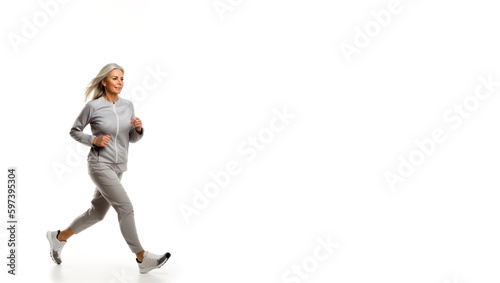 Adult woman running or jogging. Concept of exercise and health. Isolated on white background with copy space. Shallow field of view. Illustrative Generative AI. Not a real person. photo