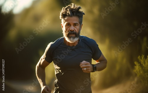 Fit adult man jogging or running in nature, maintaining fitness and a healthy lifestyle, shallow depth of field, Illustrative Generative AI. Not a real Person.
