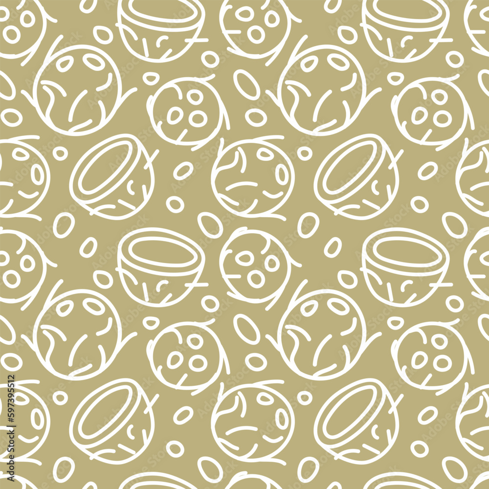 A pattern with contour sketches of a cartoon coconut. The symbol is a coconut doodle on a beige background in a section and whole. Printing on textiles and paper background for vegetable milk