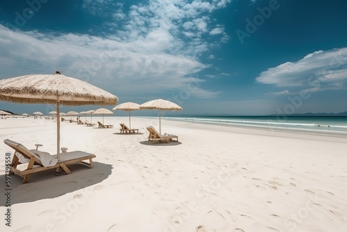 Paisaje de una hermosa playa con arena blanca y tumbonas. AI generative © ramoncin1978