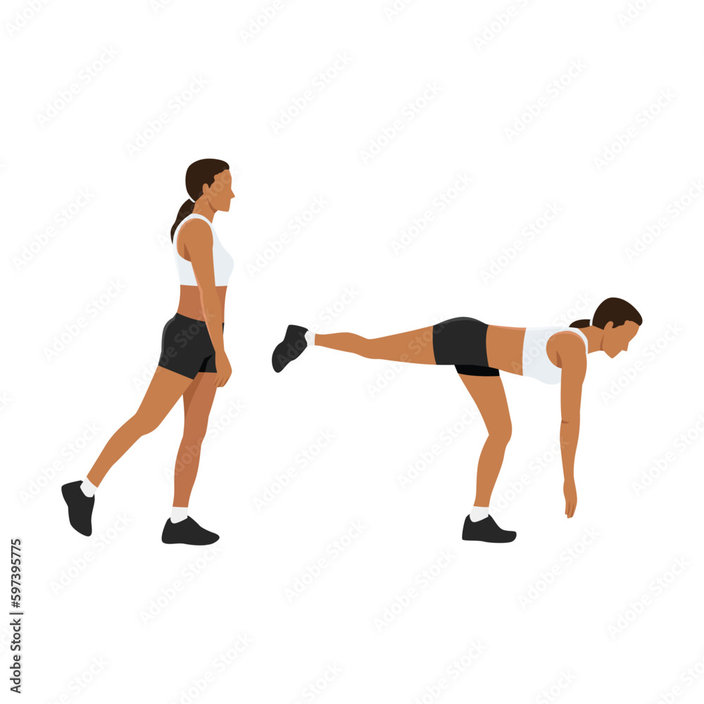 Woman doing one legged or single leg deadlift exercise. Flat vector Woman doing one legged or single leg deadlift exercise. Flat vector