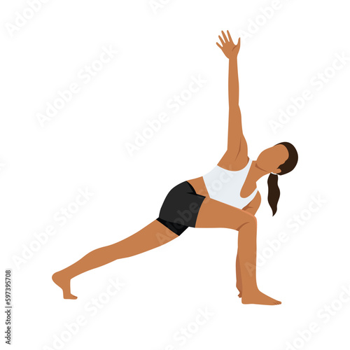 Woman doing deep lunge twist pose exercise. Flat vector
