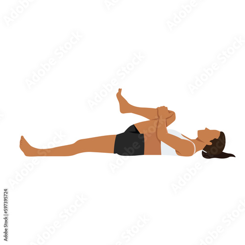 Young woman doing prone hamstring stretch or laying hamstring stretch. Flat vector