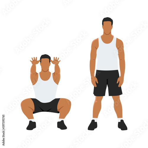 Man doing air squat in 2 steps in front view. Flat vector