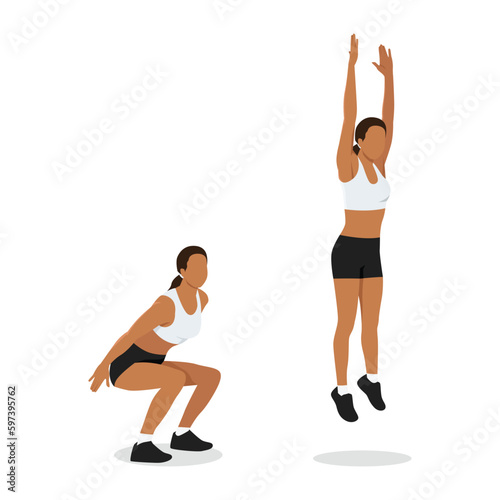Woman doing squat jump in 2 steps in side view for strengthens entire lower body. Flat vector
