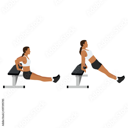 Woman doing bench tricep dips exercise. Flat vector