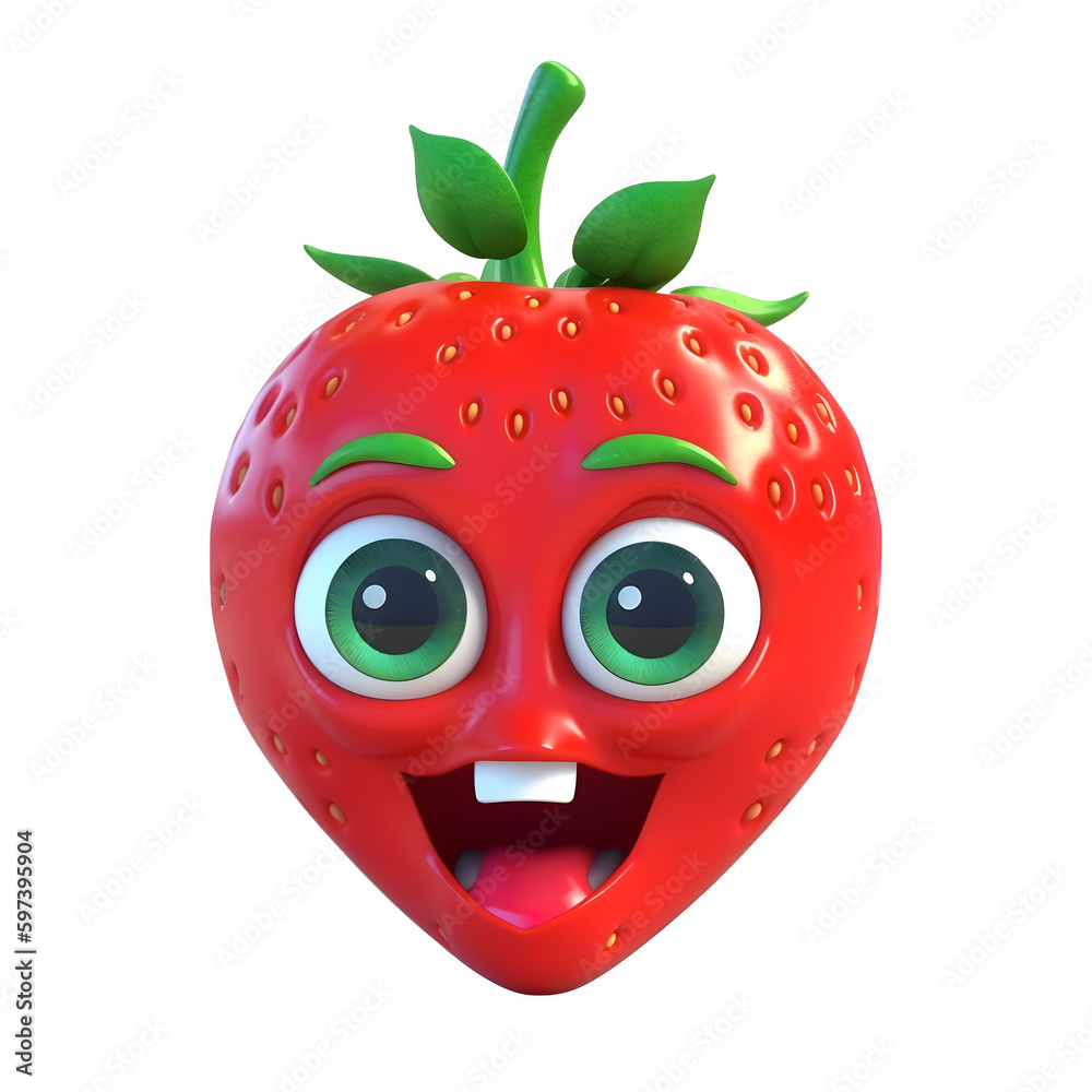 Obraz premium Cartoon fruit character,happy strawberry, with face and eyes isolated on white background. Fruit series.