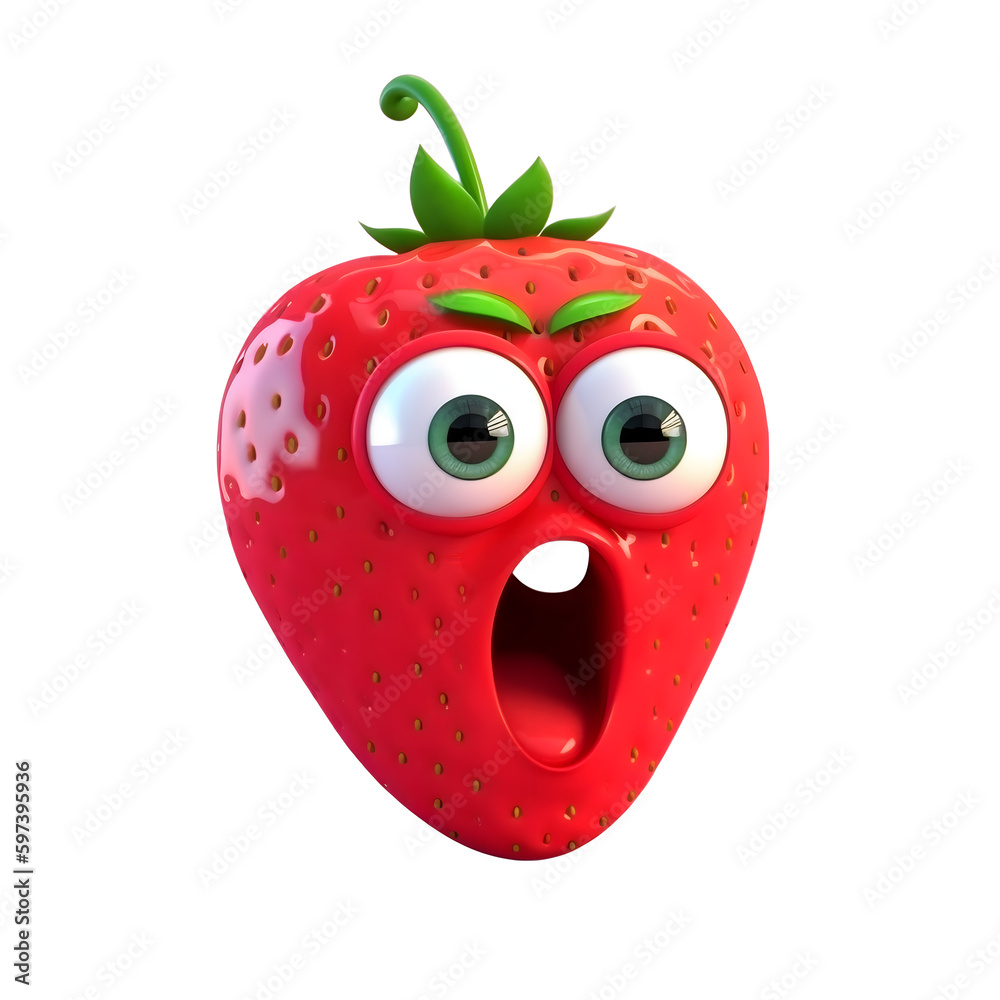 Obraz premium Cartoon fruit character,surprised strawberry, with face and eyes isolated on white background. Fruit series.