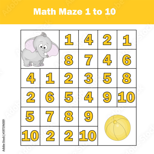 Maze game. Mathematics labyrinth with numbers. Counting from one to ten. Activity for toddlers and kids.