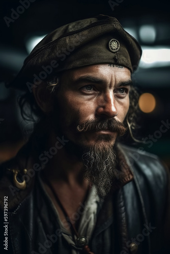 portrait of pirate captain in costume and hat on medieval ship. Generative AI © alexkoral