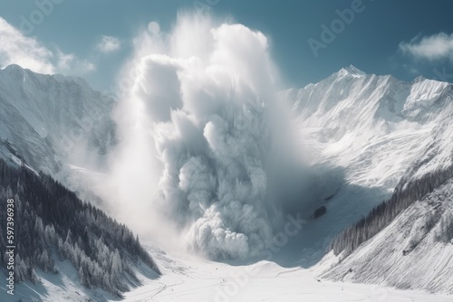 Fotografiet Massive avalanche mountains snow. Generate Ai