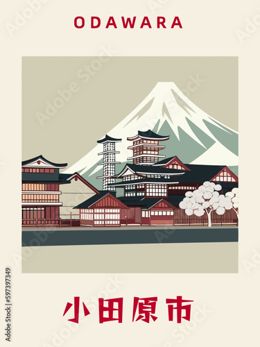 Odawara: Japanisches Vintage Poster mit einer Illustration und dem Stadtnamen Odawara in der Präfektur Kanagawa
