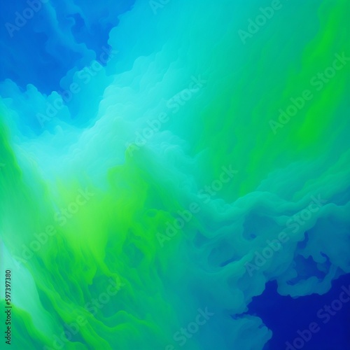 Fog texture. Colored haze. A mixture of colors and water. Mysterious stormy sky. Electric blue and lime green glowing foggy cloud wave abstract art background with free space.