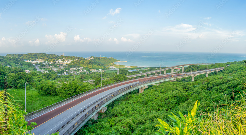 Amazing Panorama Landscape view of Niraikanai Bridge panorama, Okinawa, Japan