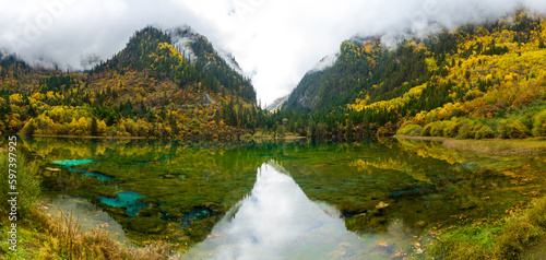 Colorful autumn in Jiuzhaigou National Park  Sichuan Province  China. UNESCO as a World Heritage Site. Panorama view
