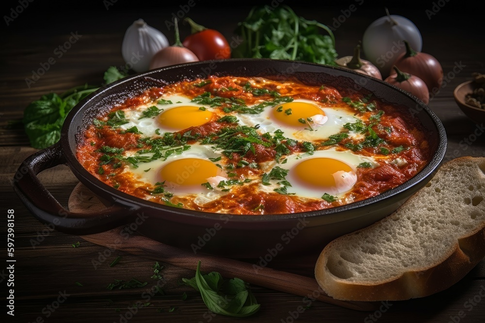 Shakshuka food in frying pan. Generate Ai Shakshuka food in frying pan. Generate Ai
