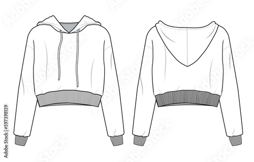 Women Long Sleeve Tie-Dye Print Sweatshirt Crop Top Hoodies fashion flat sketch template. Oversize crop Hoodie sweat with long sleeves technical drawing template. Hoodie fashion cad.