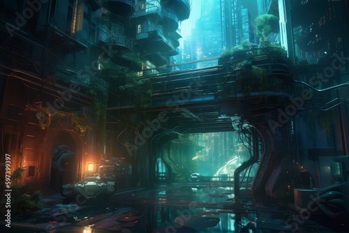 Underwater futuristic city fire. Generate Ai © nsit0108