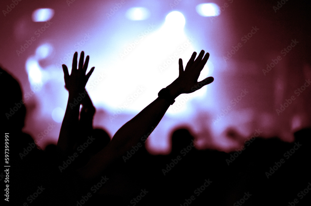 Crowd at a music concert, audience raising hands up