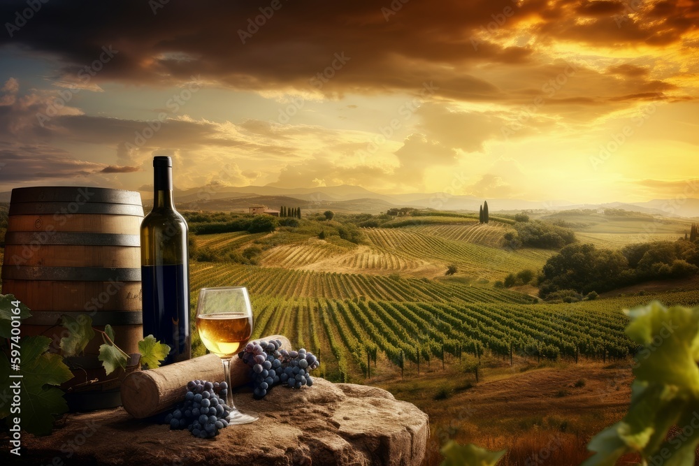 Wine table vineyard sunset. Generate Ai