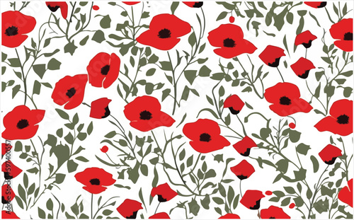 Red Poppy Flowers with Green Leaves Seamless Pattern Vector For Digital Printing