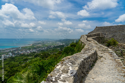 Sea view and stone wall at World Heritage Nakagusuku Castle in Okinawa, Japan photo