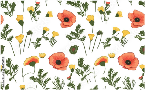 Orange And Yellow Poppy Flower with leaves Seamless Pattern Vector For Digital Printing