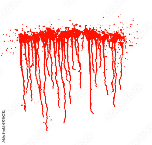Red bloody drip isolated on white background. Scarlet paint, wine or sauce splash on wall. Watercolor spatter texture. Abstract vector illustration. Runny liquid ink. Horror grunge pattern