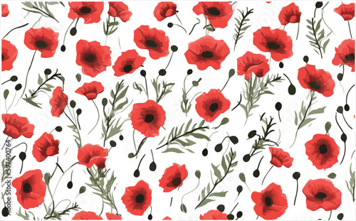 Red Poppy Flowers with Leaves Seamless Pattern Vector For Digital Printing
