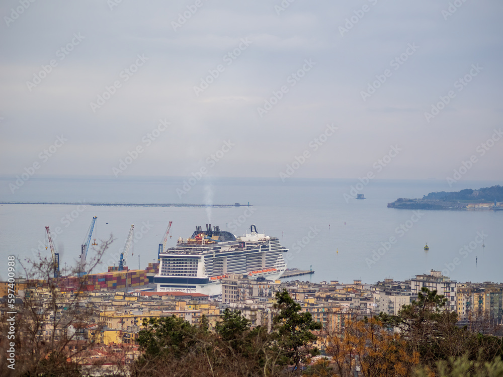 aerial view of la spezia gulf with harbour and cruise ship