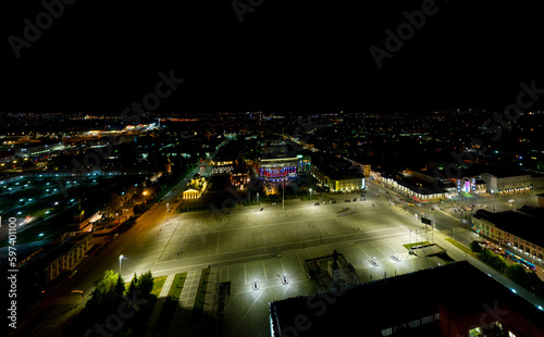 Tula, Russia. Lenin Square is the central square of the city. Night Aerial view
