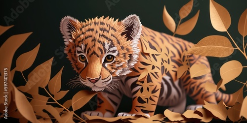 Cute little Tiger on forest  papercut tiger on jungle  tiger in the forest with leaf background
