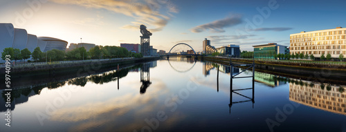Glasgow city at sunrise, panorama wtih river Clyde, Scotland