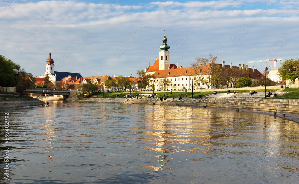 Cityscape of Gyor with Raba River in spring day, Hungary
