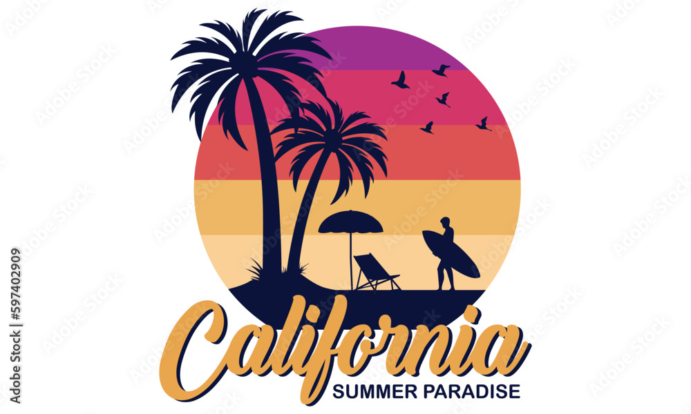 California Summer Paradise T-shirt Design Vector Illustration and apparel vector design, print, typography, poster, emblem with palm trees. With Surfing Man, Vector Print Design Artwork