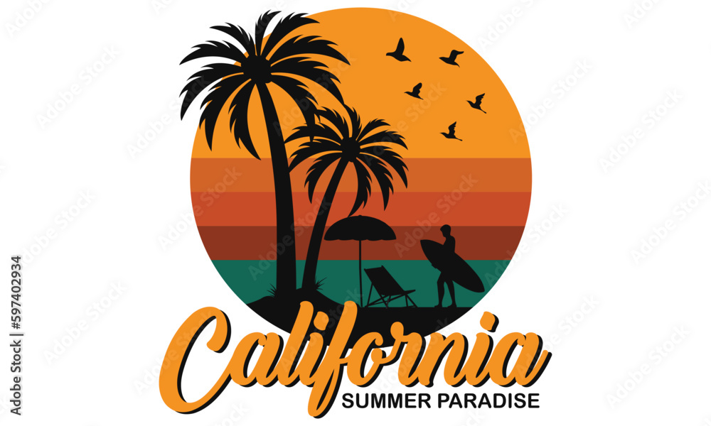 California Summer Paradise T-shirt Design Vector Illustration and apparel vector design, print, typography, poster, emblem with palm trees. With Surfing Man, Vector Print Design Artwork