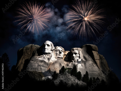 Mount Rushmore National Memorial in South Dakota USA with fireworks Generative AI