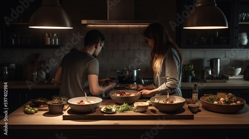 person with his wife in the kitchen and preparing dinner generative ai