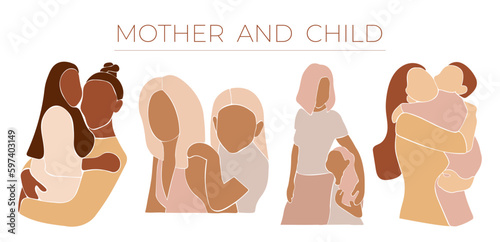Set of mothers with children for mother's day or children`s day. Mother's care. Faceless vector illustration. EPS 10	