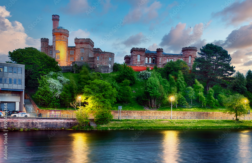 View of the castle of Inverness in Scotland at dramatic sunset