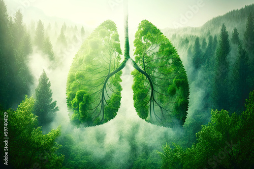 Green lung filled by the forest trees for healthy environment. Postproducted generative AI illustration.