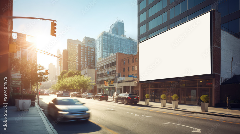 Naklejka premium Empty billboard on the building. Blank mock-up of an outdoor info banner. Generative AI